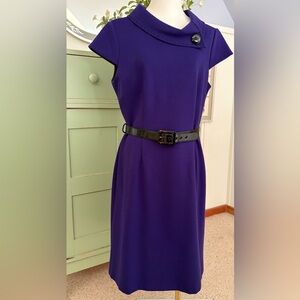 Tahari Arthur S. Levin Purple Sheath Dress w Collared Neckline & Belted Waist